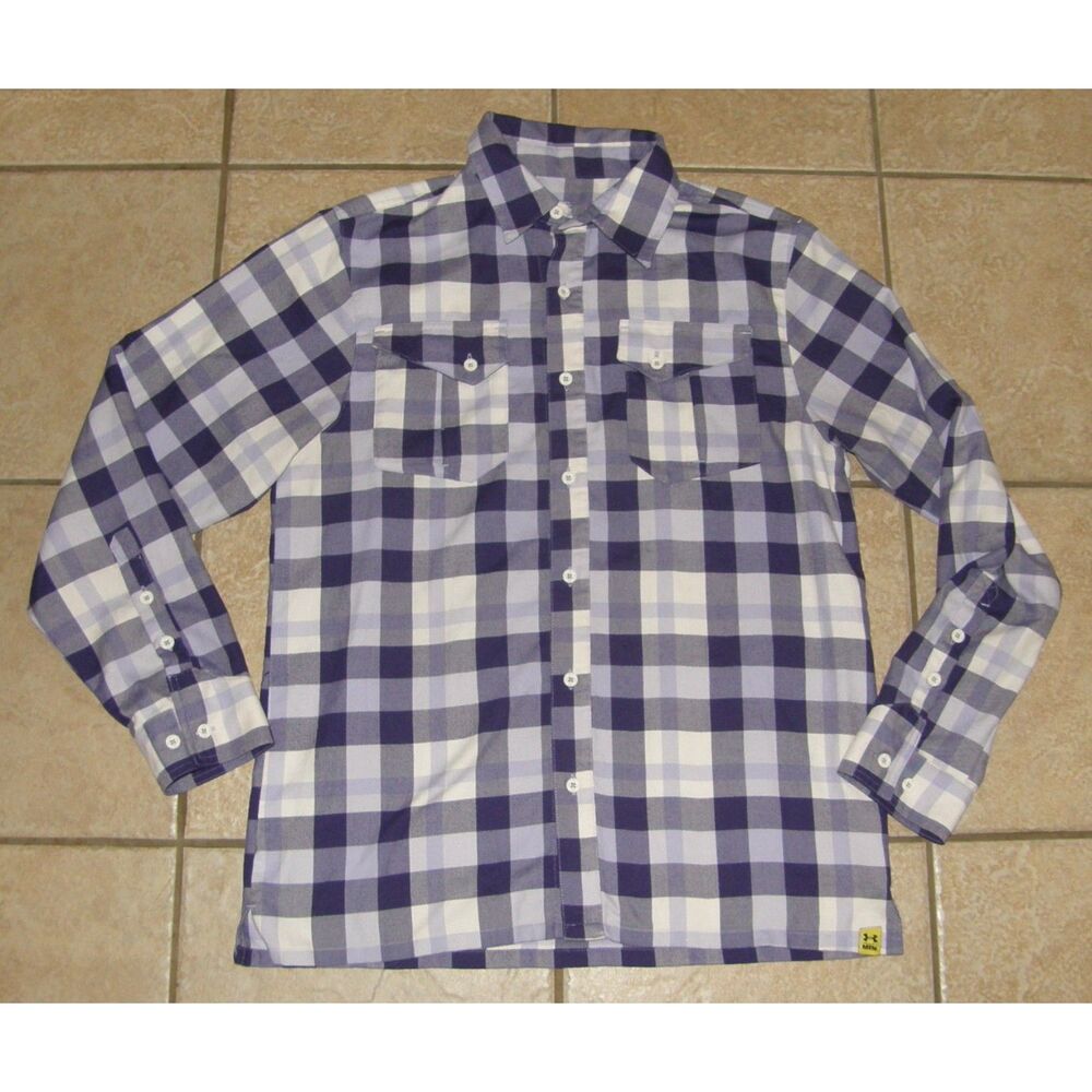 UNDER ARMOUR MTN Mens Sz Large Purple Plaid Button Up Long Sleeve Casual Shirt